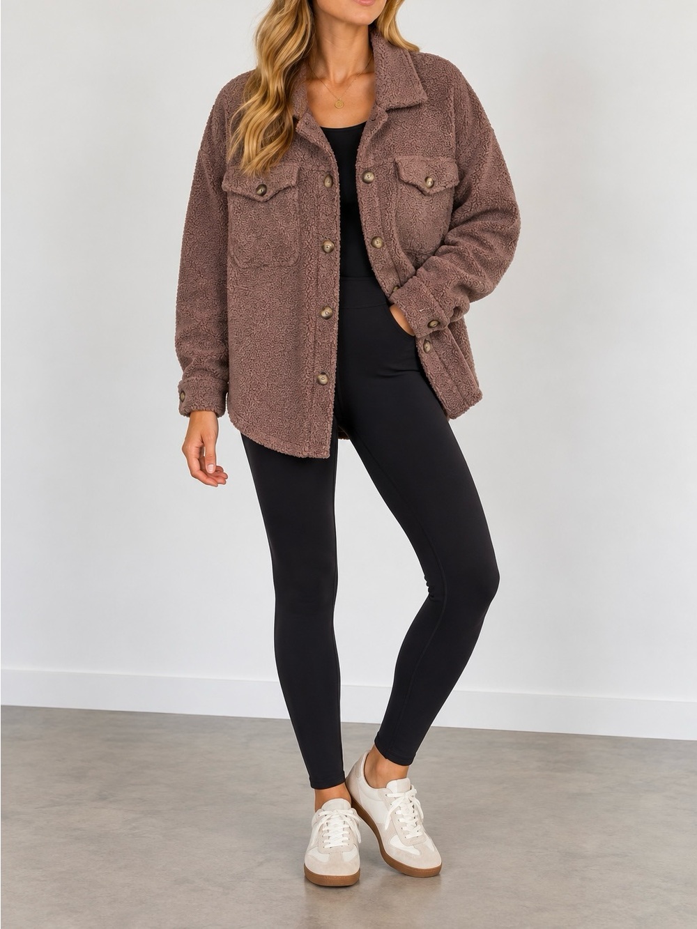 Women's Plush Teddy Shacket in Mauve Brown